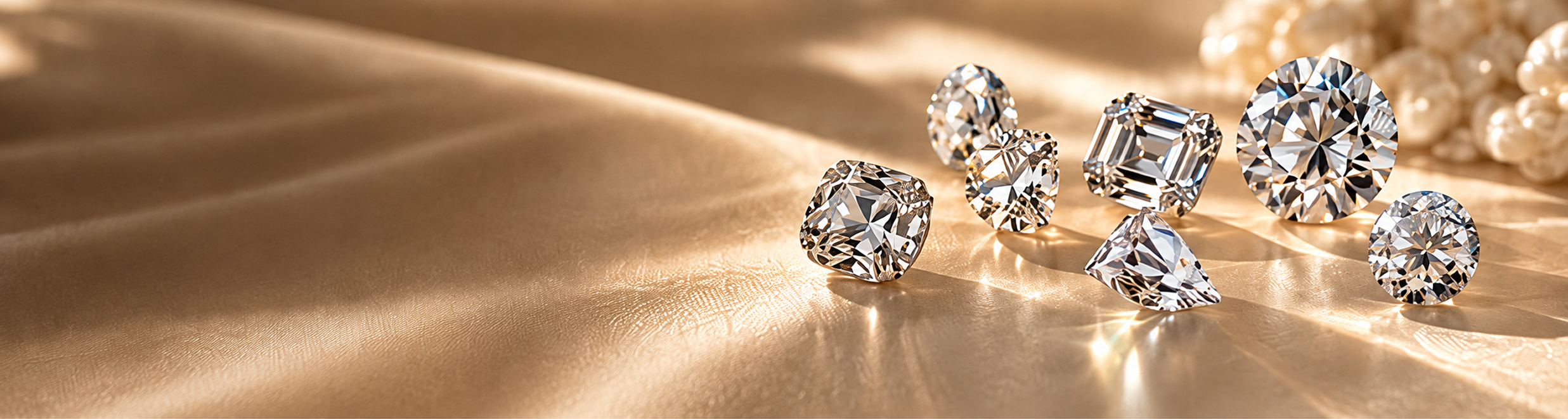 Round, oval and emerald-cut diamonds arranged on champagne fabric